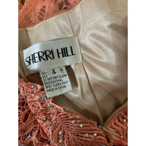 Sherri hill Maxi Dress sz 4 coral mermaid Crocheted Jeweled prom formal - Picture 8 of 12